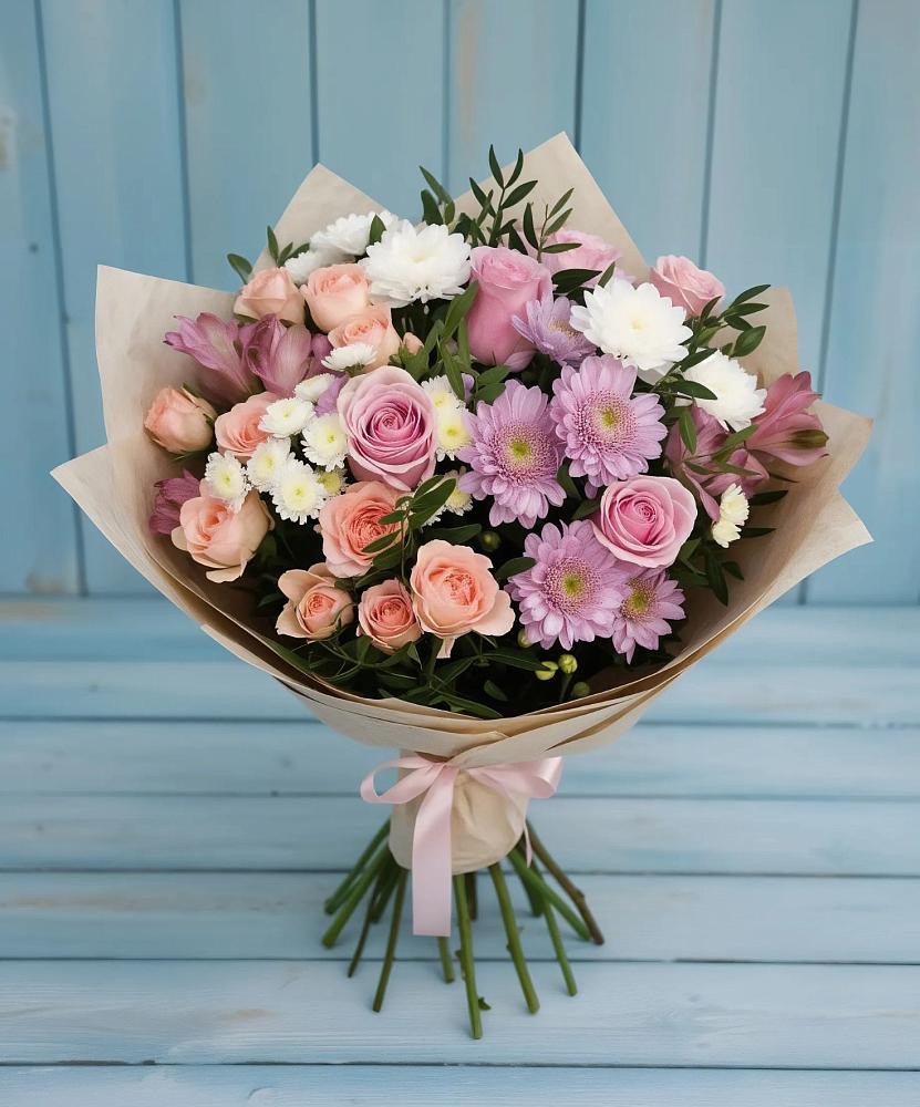 Букет цветов из: Хризантемы, Розы и Альстромерии в Кесову Гору