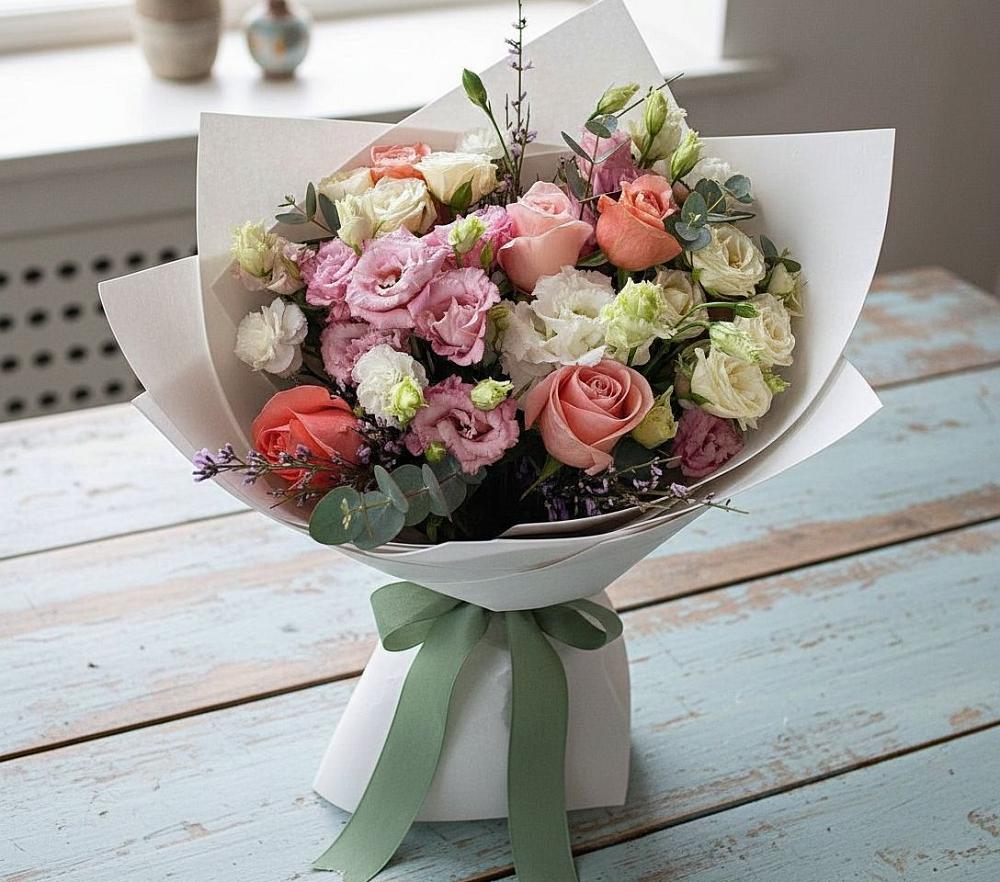 Букет цветов из: Розы, Лизиантусы и Гвоздики в Кесову Гору