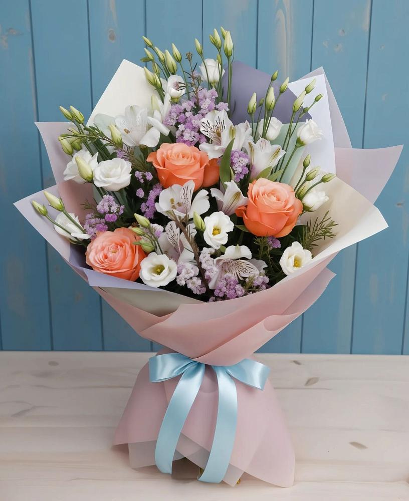 Букет цветов из: Лизиантусы, Розы, Альстромерии и Гипсофила в Кесову Гору